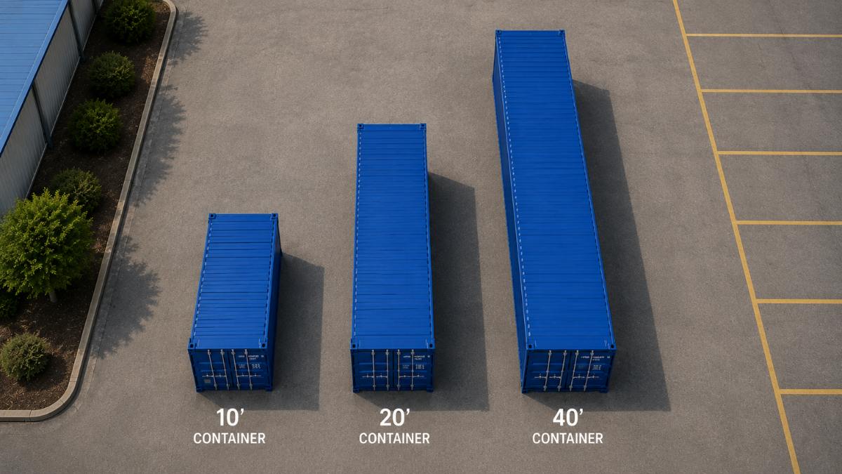 A 10-foot, 20-foot and 40-foot steel storage container lined up on a commercial lot to compare size