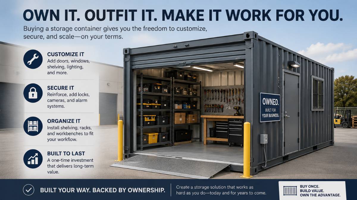 A purchased storage container with a roll-up door and interior shelving on a business property, showing the kind of modifications ownership allows