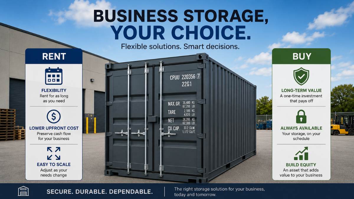 A steel storage container on a commercial lot, illustrating the choice between renting and buying for business storage
