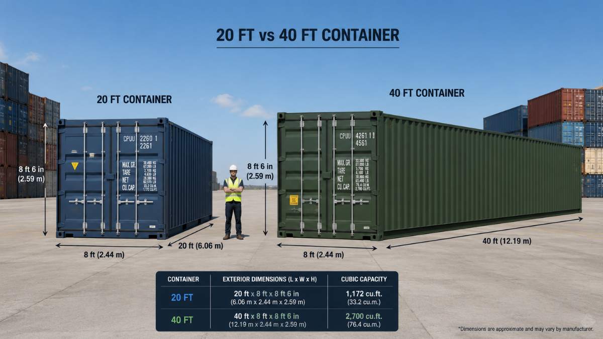 A 20 ft and a 40 ft storage container side by side for scale