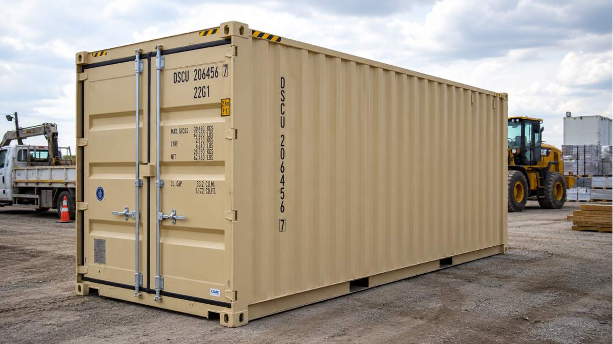 Cargo-worthy storage container staged at a commercial job site