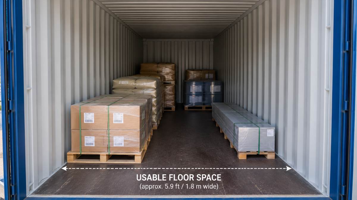 Interior of a 20-foot storage container loaded with pallets and materials, showing usable floor space