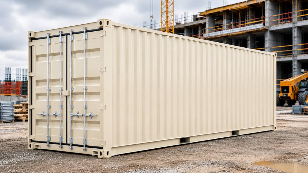 A steel storage container on a construction jobsite used for secure on-site storage of tools and materials