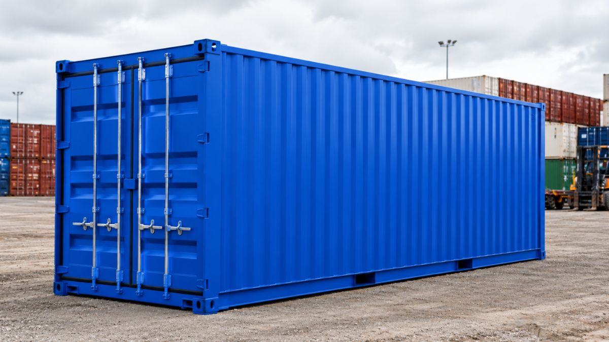 A 40-foot steel storage container delivered to a commercial construction jobsite for on-site storage